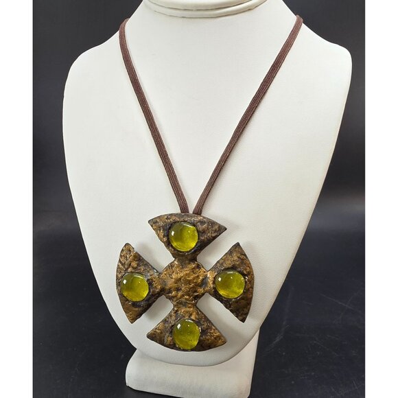 Handmade Brown Montrose Cross Pendant Necklace With Green Glass Accents HS190 - Picture 2 of 4